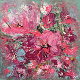 Blumenbild in pink, türkis, magenta und silber