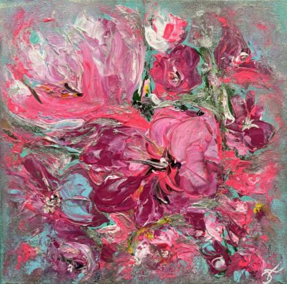 Blumenbild in pink, türkis, magenta und silber